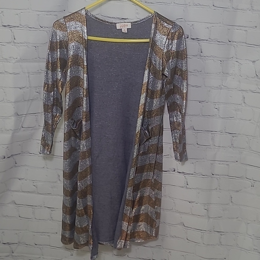 Lularoe elegant girls sz 12 striped gold silver cardigan K51